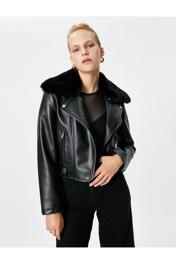 Koton Koton Biker Jacket Faux Leather Zippered Faux Für Detailed