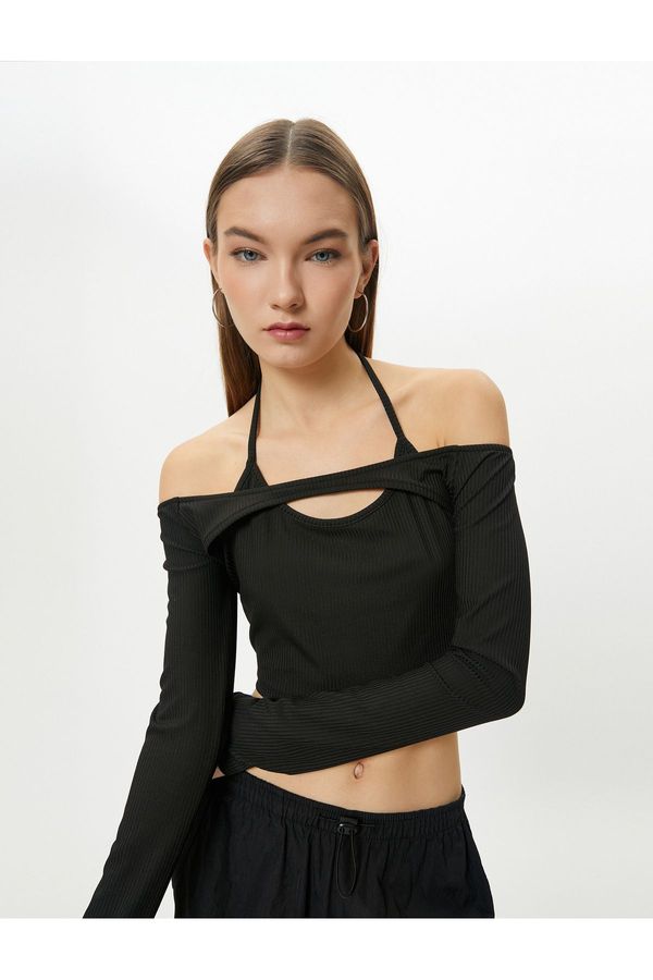 Koton Koton Boat Neck Crop T-Shirt Long Sleeve Tie Detailed