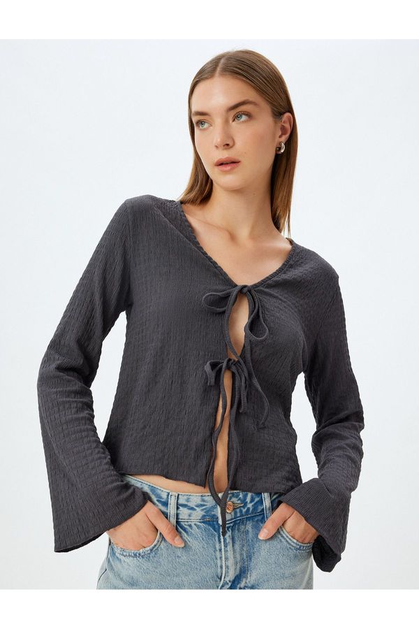 Koton Koton Bow Tie Front T-Shirt Long Sleeve Textured