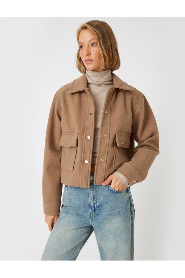 Koton Koton Buttoned Pocket Shirt Collar Crop Cashmere Jacket