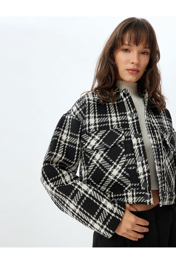 Koton Koton Buttoned Tweed Bomber Jacket with Flap Pocket Detail