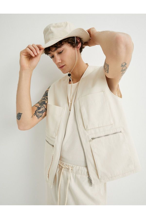 Koton Koton Canvas Vest Sleeveless V-Neck Zippered Flap Pocket Detail