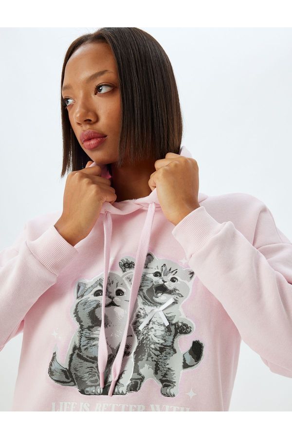 Koton Koton Cat Printed Sweatshirt Hooded Raised Comfortable Fit