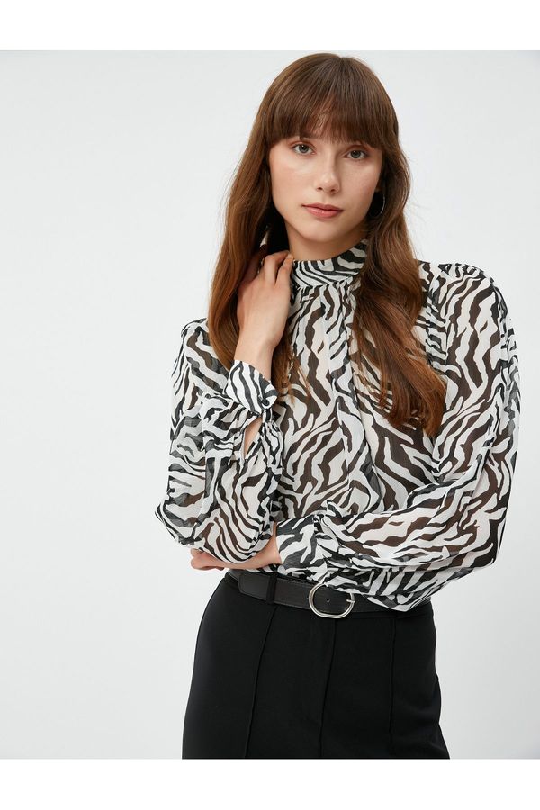 Koton Koton Chiffon Blouse Wide Collar Balloon Sleeve Zebra Patterned