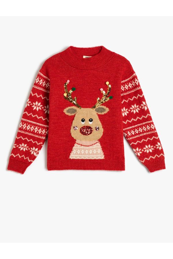 Koton Koton Christmas Sweater Deer Pattern Crew Neck Sequined Detailed