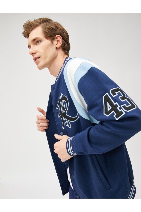 Koton Koton College Cardigan with Snap Buttons Printed Embroidered Pocket Detailed