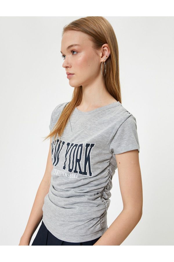 Koton Koton College T-Shirt Printed Double Breasted Collar Gather Detailed Slim Fit Viscose Blended