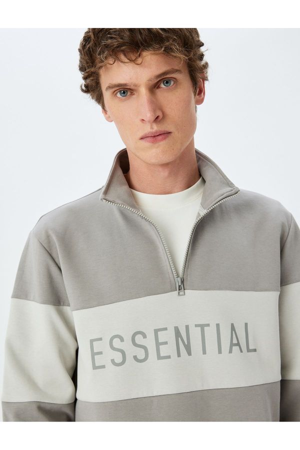 Koton Koton Color Blocked Half Zipper Cotton Slogan Printed Sweatshirt