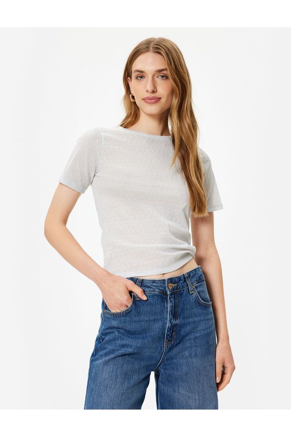 Koton Koton Crew Neck Slim Fit Glitter Textured Short Sleeve T-Shirt