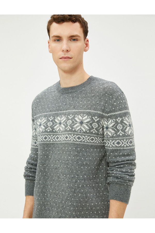 Koton Koton Crew Neck Sweater Ethnic Patterned Wool Blend