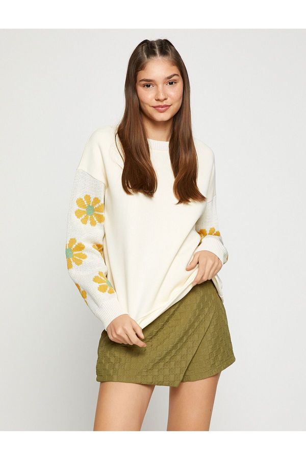 Koton Koton Crew Neck Sweatshirt Sleeves Floral Knit Detail Fleece Inside