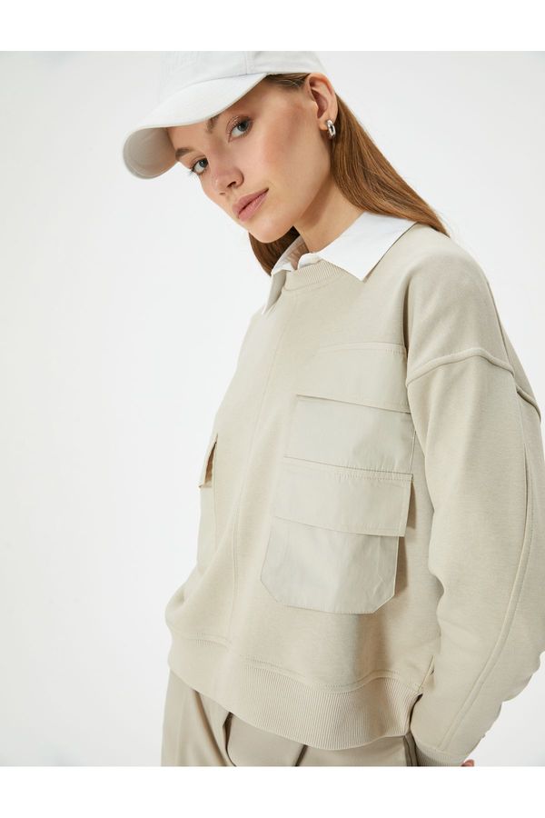 Koton Koton Crew Neck Sweatshirt with Cargo Pocket Ribbed Standard Cut