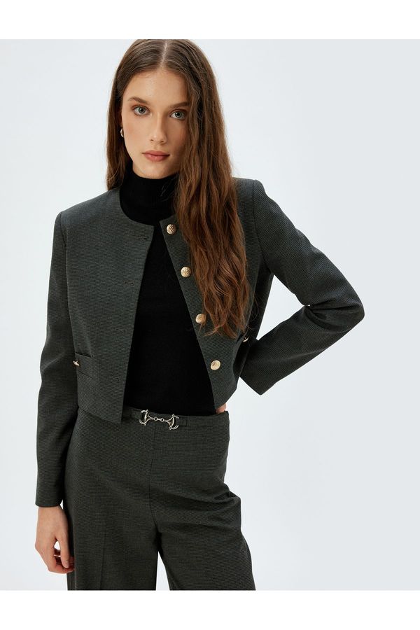 Koton Koton Crop Blazer Jacket Collarless Gold Button Detail