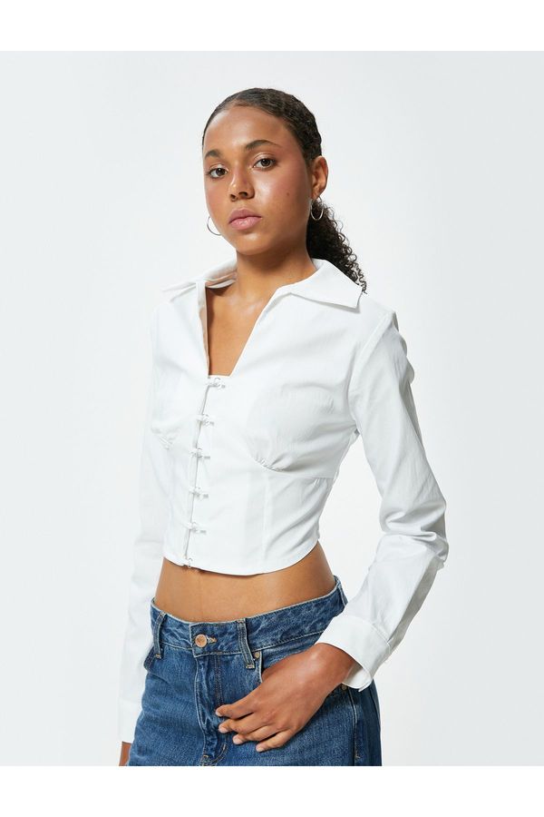 Koton Koton Crop Blouse V-Neck Long Sleeve Gimped Metal Accessories Slim Fit