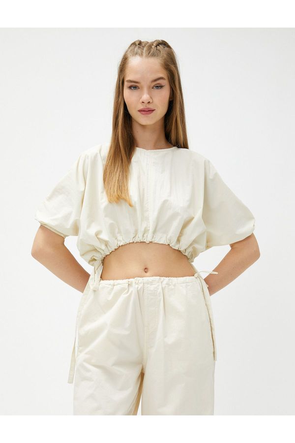 Koton Koton Crop Blouse with Tie Waist Detail, Balloon Sleeves, Crew Neck