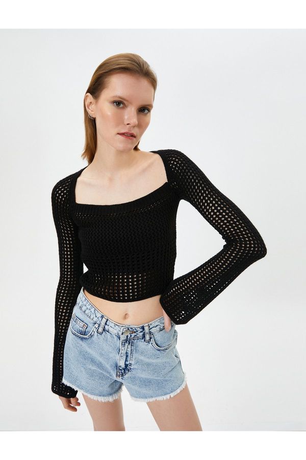 Koton Koton Crop Crochet Top Long Sleeve Openwork