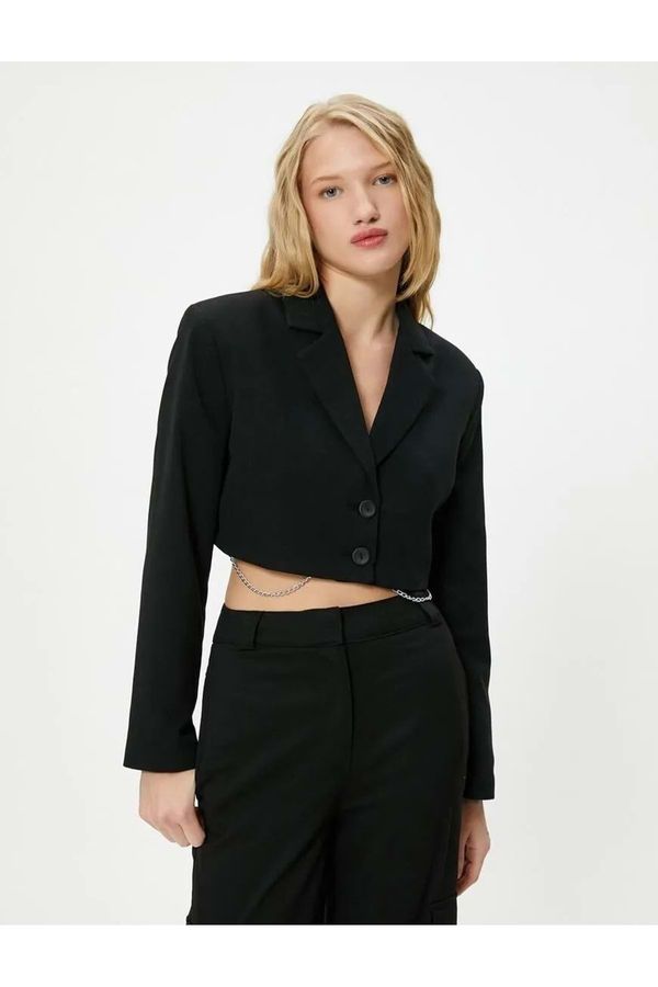 Koton Koton Crop Jacket Reverse Double Breasted Collar Button Closure Slim Fit Chain Detailed