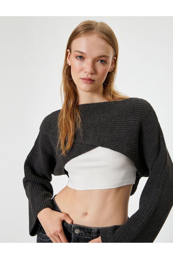 Koton Koton Crop Knitwear Sweater Boat Neck Folded Bell Sleeve