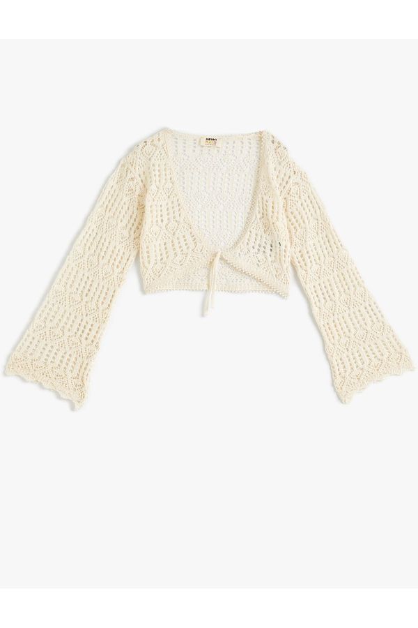 Koton Koton Crop Openwork Cardigan V-Neck Long Sleeve