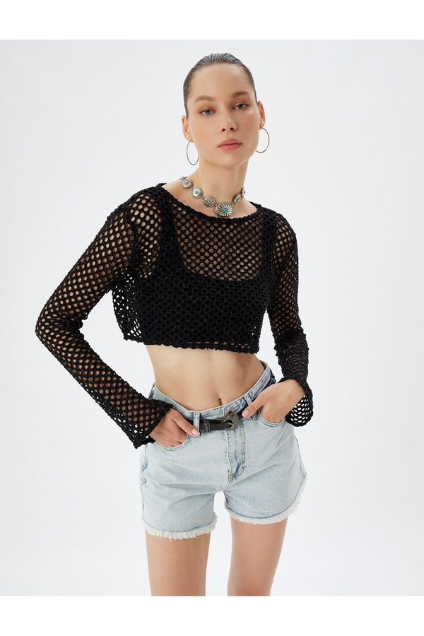 Koton Koton Crop Openwork Knitted T-Shirt Long Sleeves Crew Neck Glitter Look