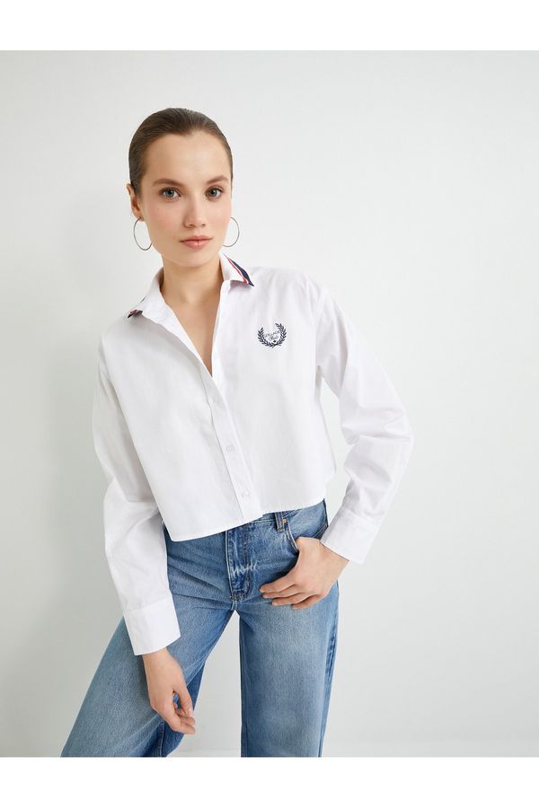 Koton Koton Crop Oversize Poplin Shirt Embroidery Detailed Buttoned Cotton Striped Collar