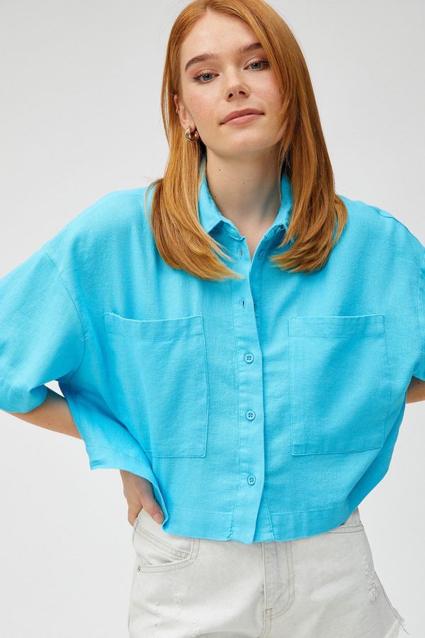 Koton Koton Crop Oversize Shirt Linen Blend With Pocket