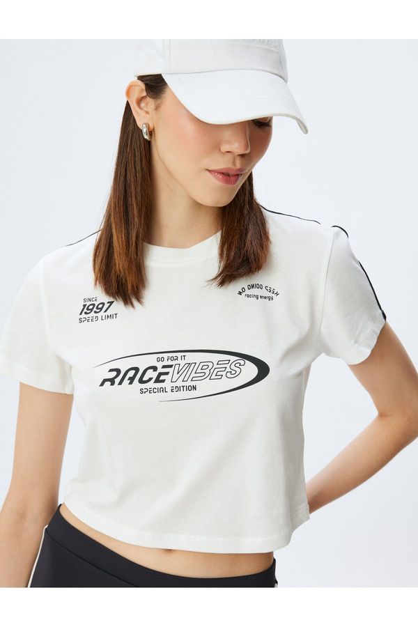 Koton Koton Crop Printed Bias Crew Neck Short Sleeve Cotton T-Shirt