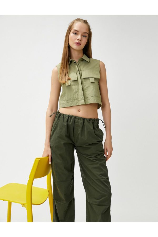 Koton Koton Crop Shirt Sleeveless Buttoned with Big Pocket Detail