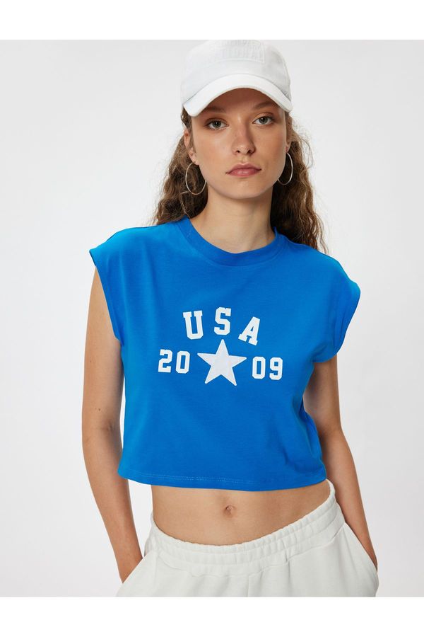 Koton Koton Crop Sleeveless T-Shirt Crew Neck Slogan Printed Slim Fit