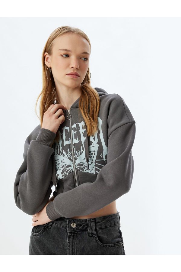 Koton Koton Crop Sweatshirt Zippered Hooded Corset Detail Printed Slim Fit Raised