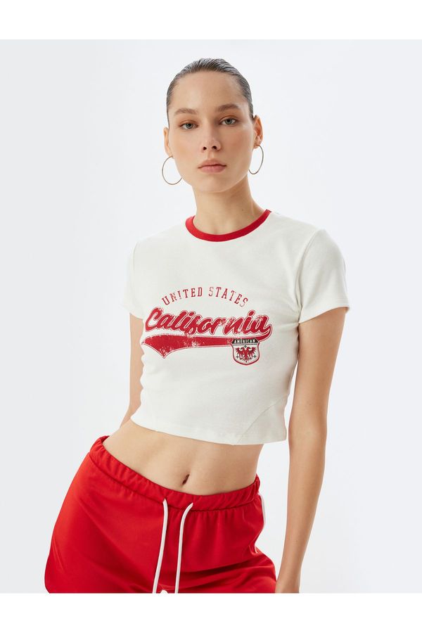 Koton Koton Crop T-Shirt Back Printed College Themed Short Sleeve Piping Slim Fit