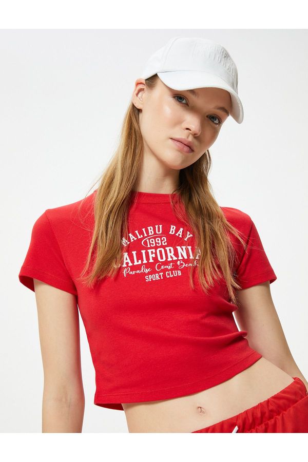 Koton Koton Crop T-Shirt College Printed Short Sleeve Slim Fit Crew Neck