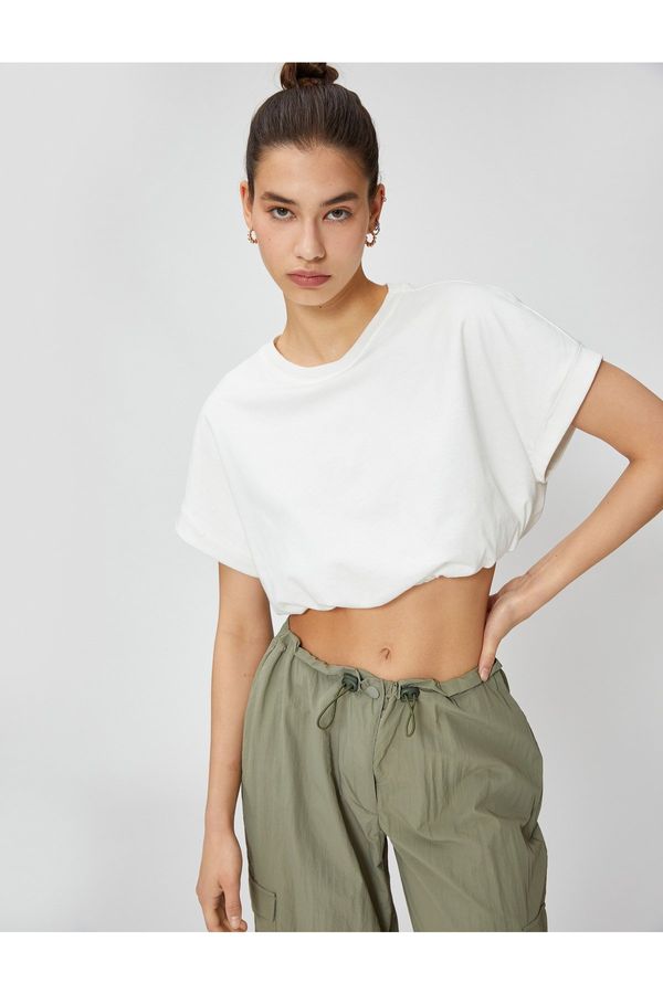 Koton Koton Crop T-Shirt, Crew Neck Short Sleeved, Elastic Waist.