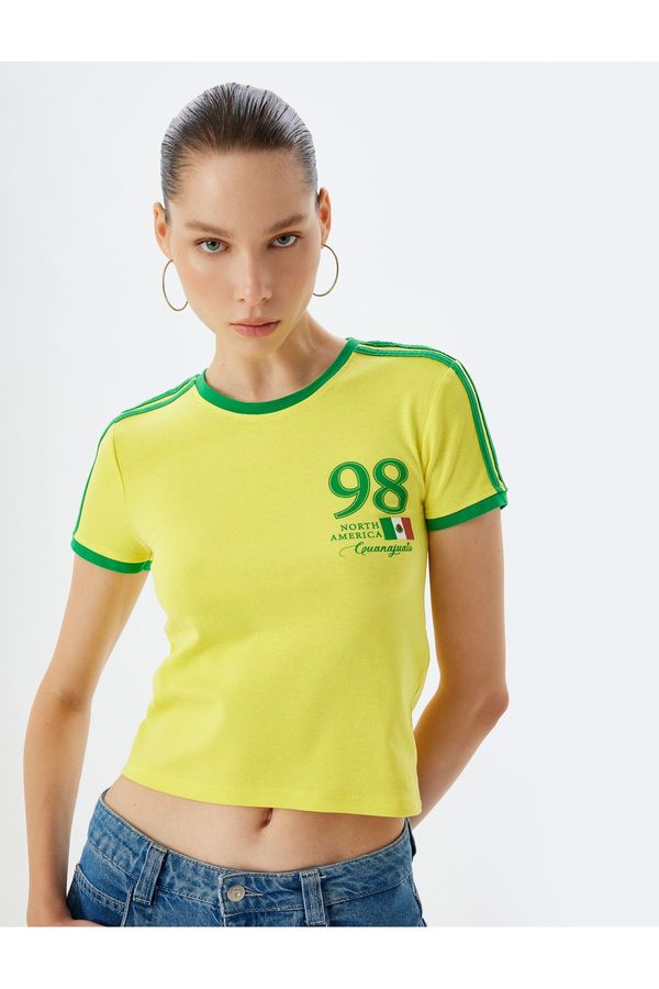 Koton Koton Crop T-Shirt Crew Neck Slogan Printed Piping Short Sleeve