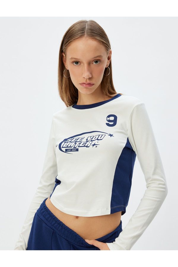 Koton Koton Crop T-Shirt Long Sleeve Slogan Printed Color Block Crew Neck Slim Fit