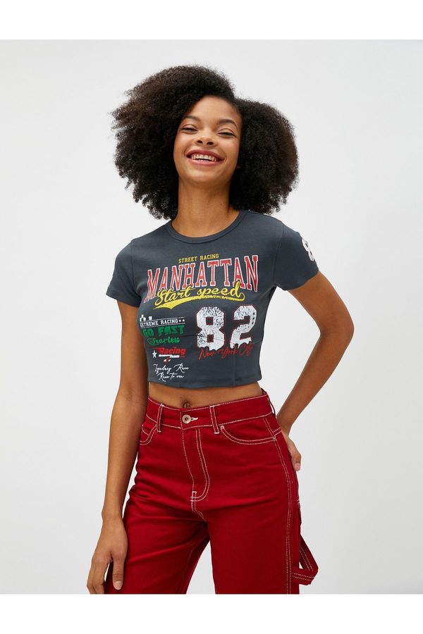 Koton Koton Crop T-Shirt Printed Short Sleeve Crew Neck Cotton