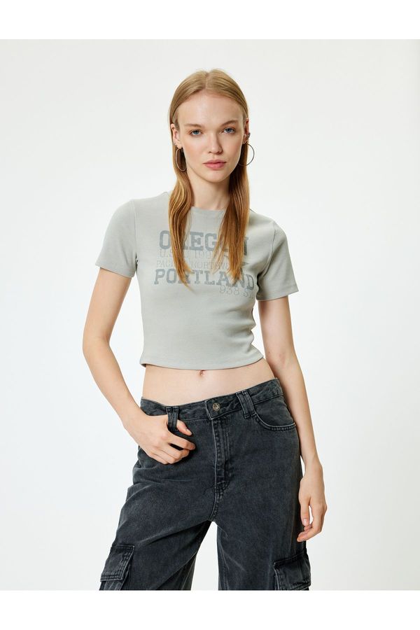 Koton Koton Crop T-Shirt Slogan Printed Crew Neck Short Sleeve Cotton