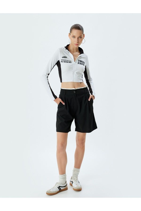 Koton Koton Crop T-Shirt Zippered Long Sleeve Racing Themed Printed Slim Fit