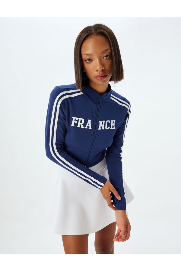 Koton Koton Crop T-Shirt Zippered Long Sleeve Slogan Printed Stand Collar Piping Slim Fit