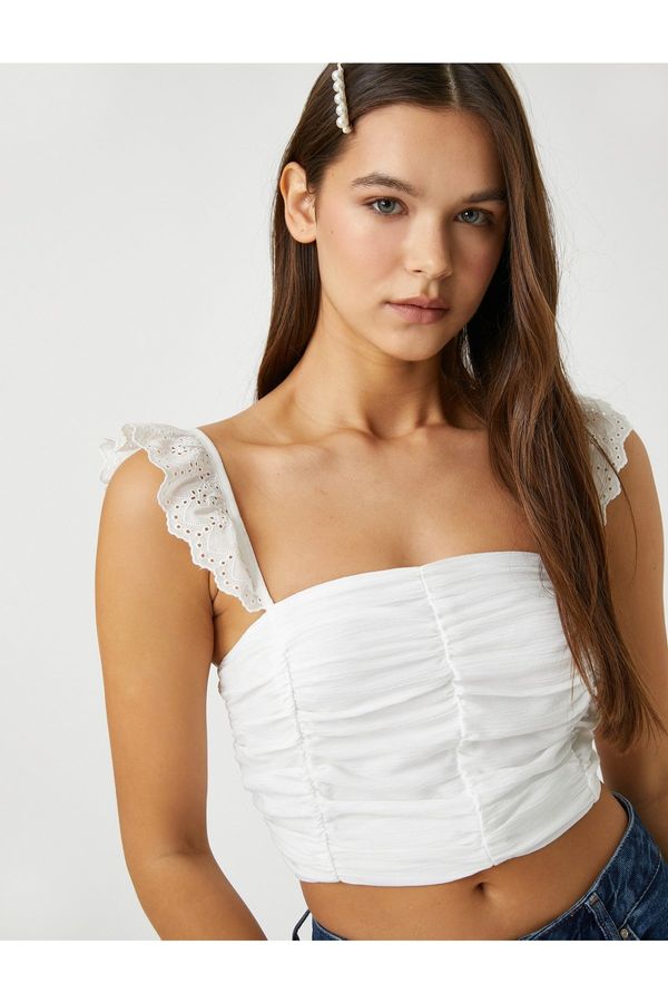 Koton Koton Crop Top Embroidery Ruffle Strap Detail Gathered Square Collar