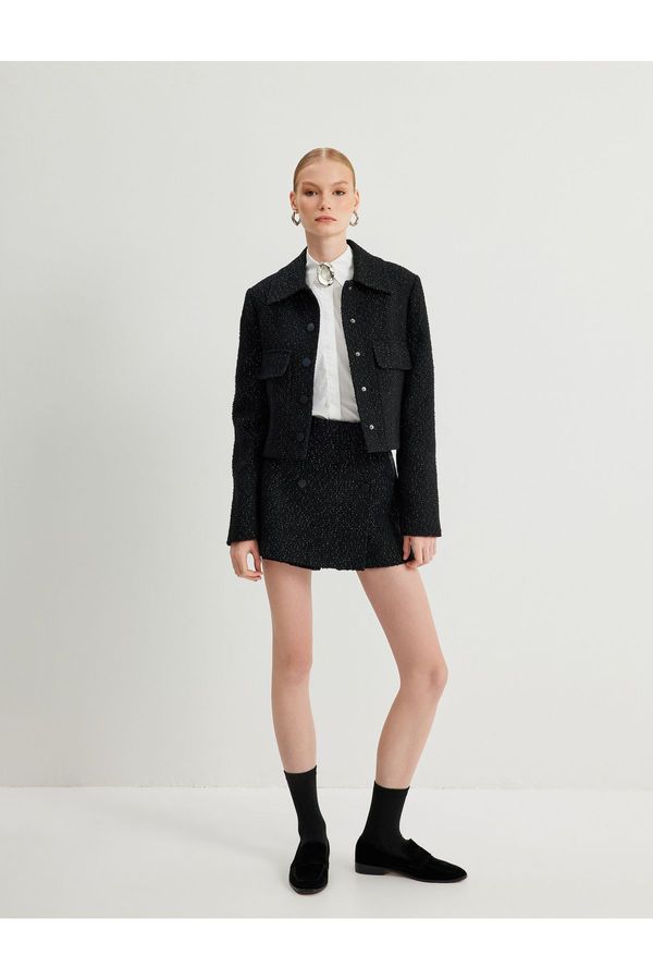 Koton Koton Crop Tweed Jacket Shirt Collar Flap Pocket Detail