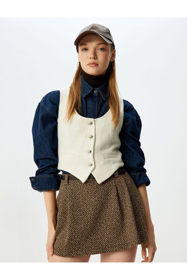 Koton Koton Crop U Neck Buttoned Sleeveless Slim Fit Vest