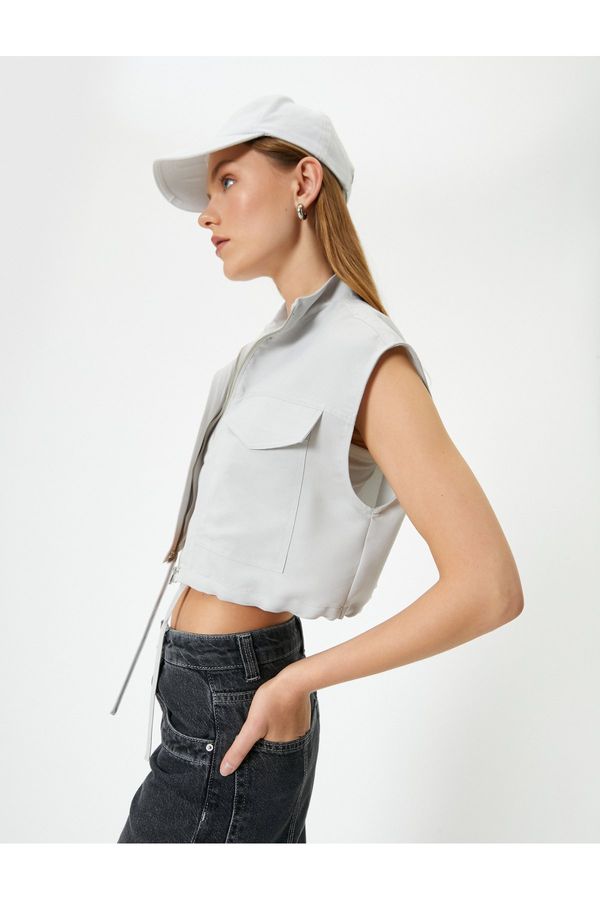 Koton Koton Crop Vest with Zippered Flap Pockets Standing Collar