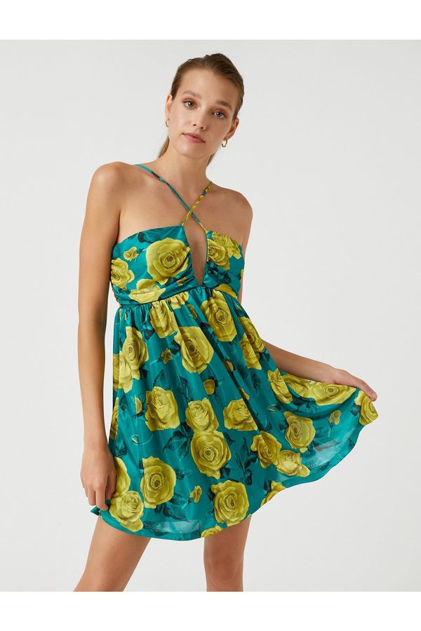 Koton Koton cvetlična mini obleka s povodcem vratu