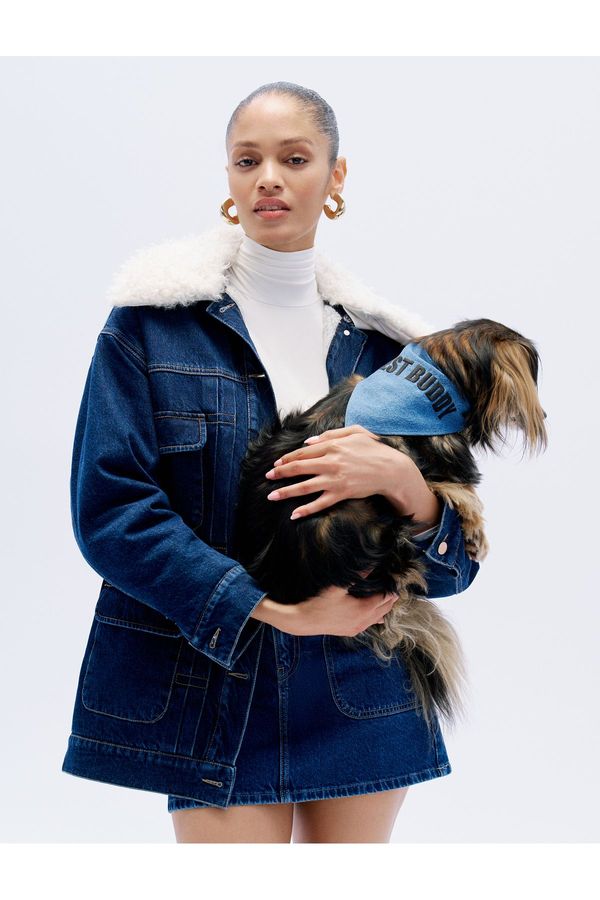Koton Koton Denim Jacket Faux Für Collar Pocket Detail Buttoned Comfortable Fit