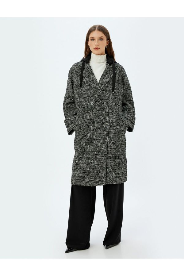 Koton Koton Detachable Hooded Pocket Reverse Collar Buttoned Long Double Breasted Coat