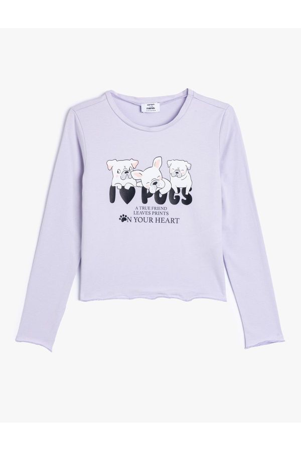 Koton Koton Dog Printed Crop T-Shirt Long Sleeve Crew Neck