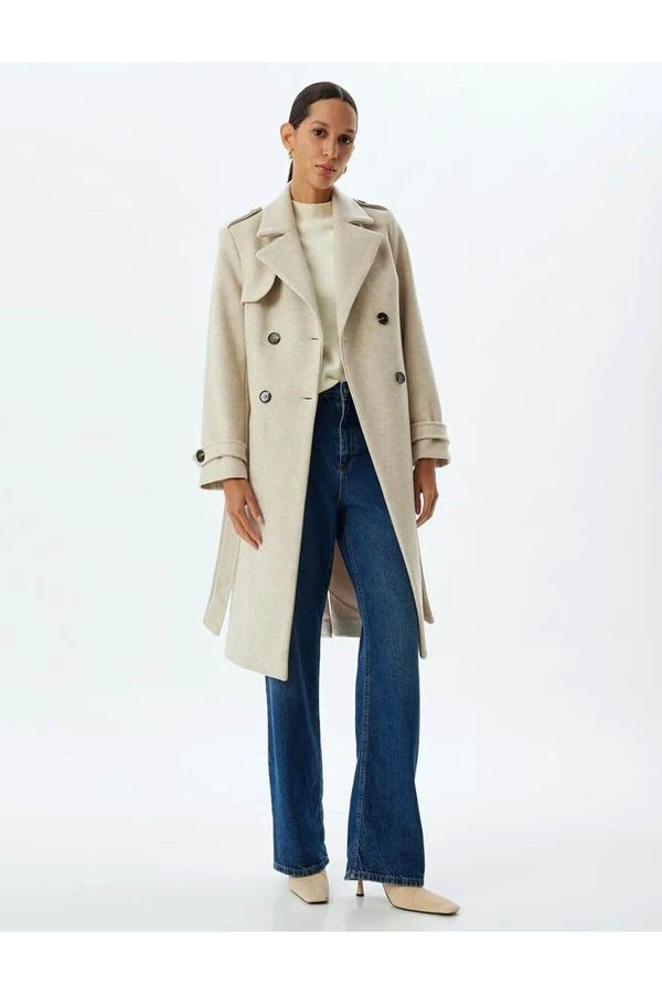 Koton Koton Double Breasted Collar Long Stamp Coat with Belt Detail