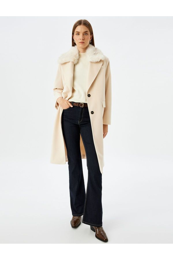 Koton Koton Double Breasted Long Cashmere Coat with Detachable Faux Für Collar
