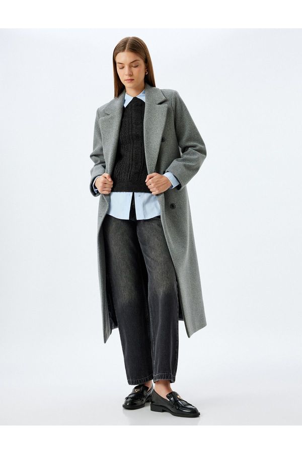 Koton Koton Double Breasted Long Cashmere Coat with Pockets and Buttons